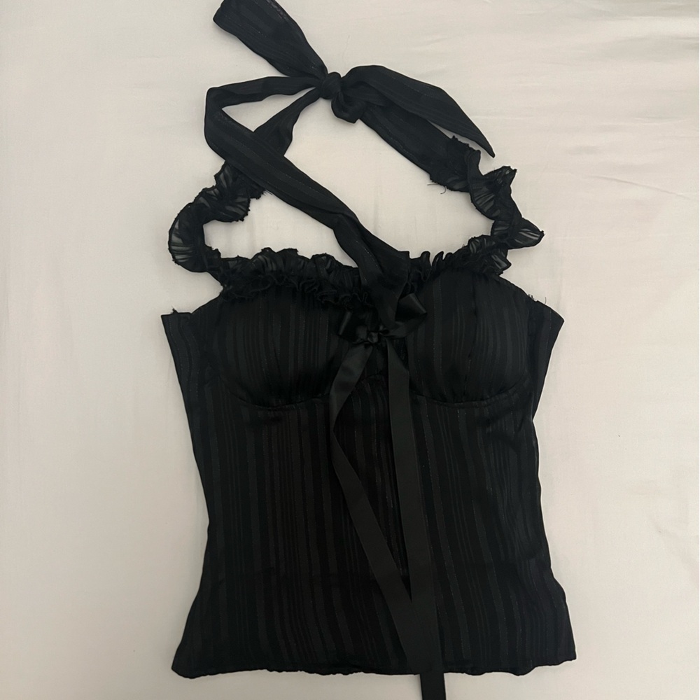 Black halter neck top with bow and shimmer detail